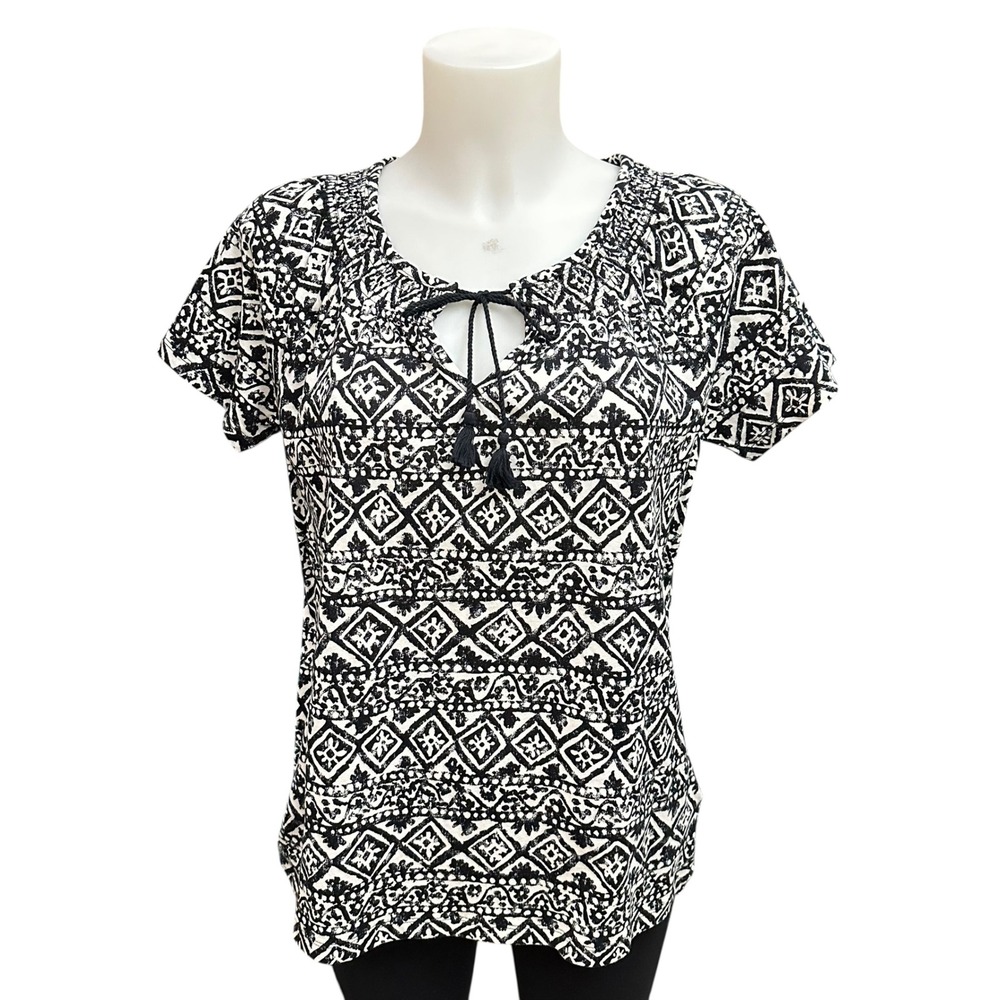 Lauren Ralph Lauren Black White‎ Ikat Print Tasseled Blouse sz Large